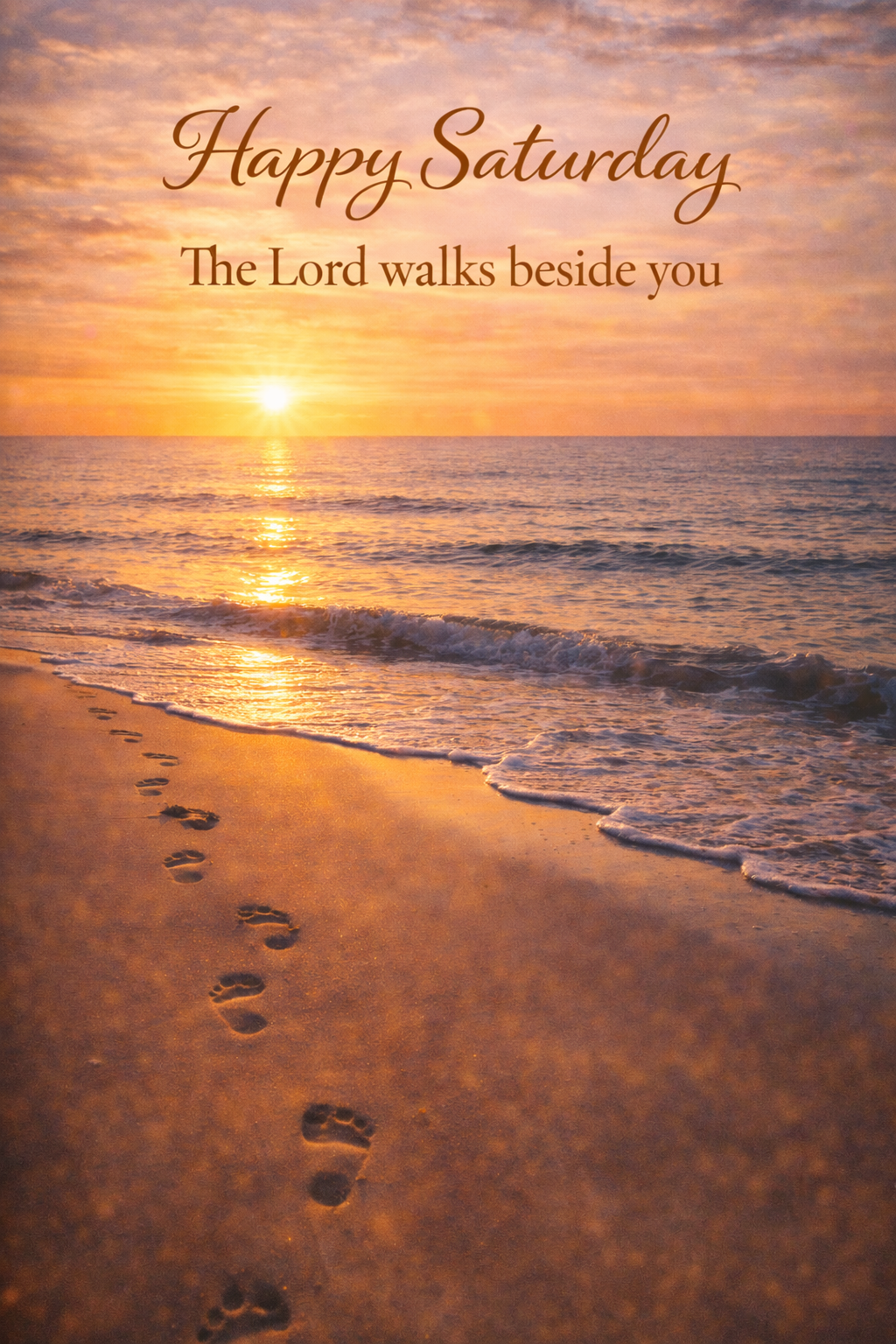 Sunset over golden beach with footprints in wet sand leading toward the glowing horizon, warm orange and gold sky, text "Happy Saturday -- The Lord walks beside you" -- vertical Saturday blessing wallpaper